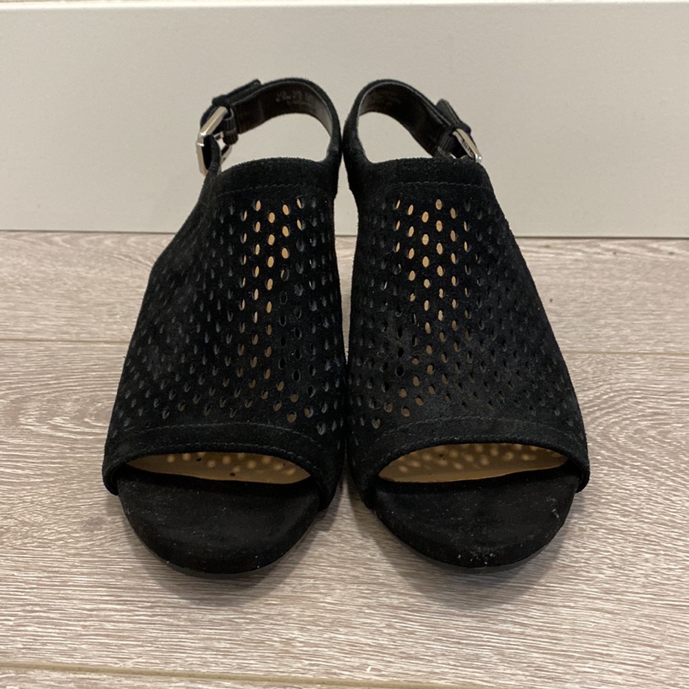 Franco Sarto 2.5” black suede laser cut heeled sandals